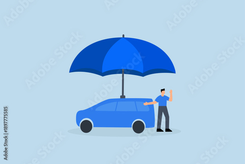 Car insurance, car owner stands with the new car under a strong umbrella cover.