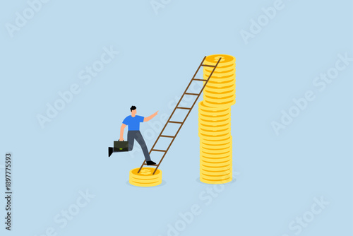 Wage or salary increase, investor climbing from low dollar to higher dollar