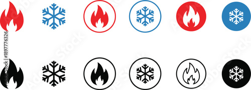 Comprehensive Hot and Cold Temperature Icons Set with Flame and Snowflake Symbols in Various Styles and Colors