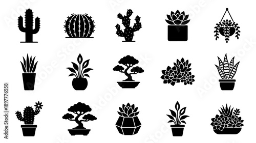 Collection of Various Potted Plants and Cacti Silhouettes.
