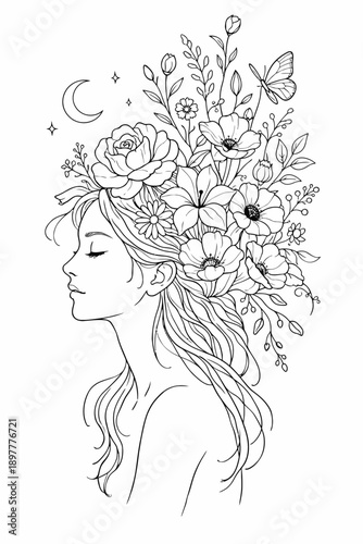 Bohemian Woman with Flower Crown - Hand-Drawn Illustration