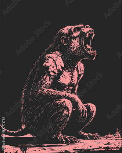 Pink Silhouette Primate In Contemplative Pose. Vector Illustration, Suitable for T-shirt Design