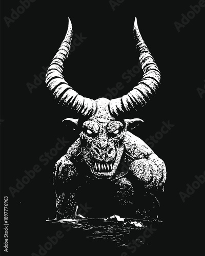 Fiendish Horned Skull Creature Portrait Noir. Vector Illustration, Suitable for T-shirt Design