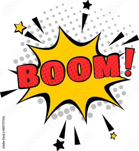 BOOM comics style text, vintage cartoon message, 60s 70s retro poster, social media post template
