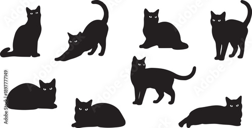A collection of stylized black silhouette cats in various playful and relaxed poses Vector