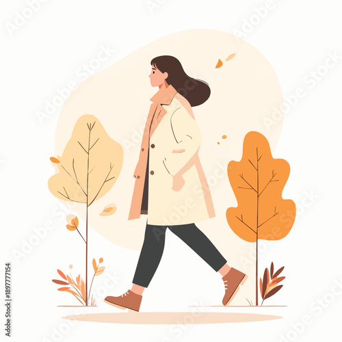 A woman walking in an autumnal landscape surrounded by trees and falling leaves from a side viewpoint