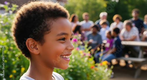 A young boy smiling in a garden with people in the background