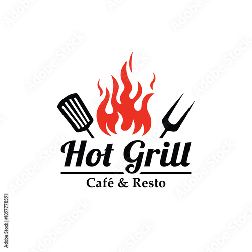 Hot grill cafe and resto logo with flame spatula and fork for restaurant branding design vector illustration
