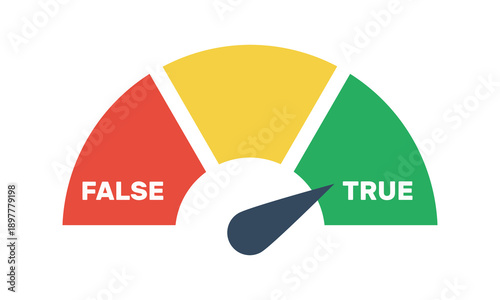 true false gauge with red left and green right sectors vector icon, truth lies scale, indicator in green true zone