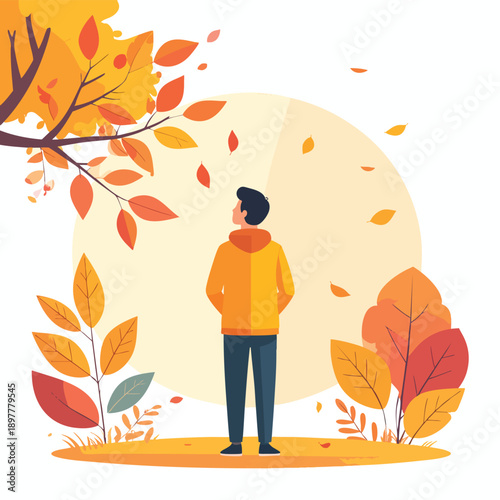 A man standing alone in an autumn landscape surrounded by trees with falling leaves