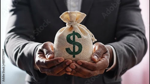 A person holding a money bag with a dollar sign in their hands, viewed from the front