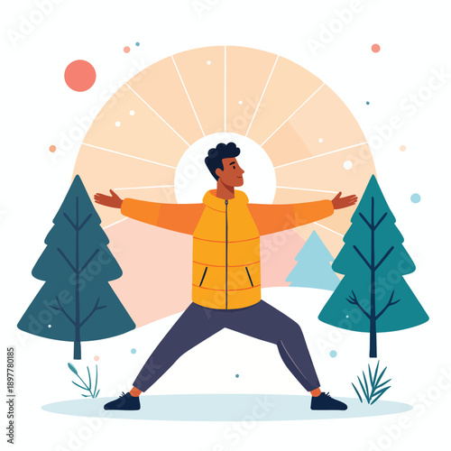 A person practices yoga outdoors with trees and a vibrant sunset in the background from a frontal viewpoint