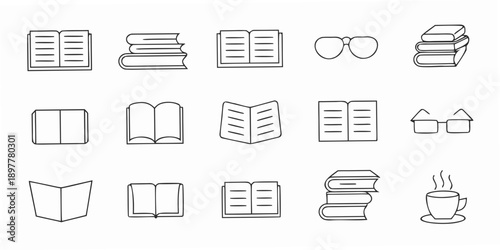 Collection of outline icons depicting books reading and study materials