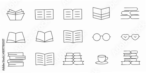 Collection of outline icons representing books hearts and coffee cups