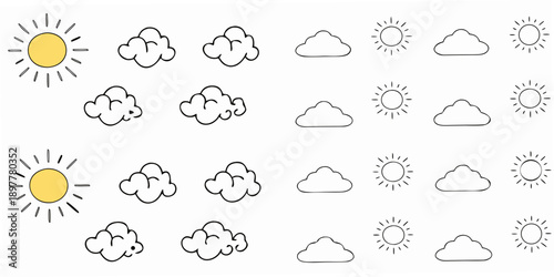 Simple weather icons depicting suns and clouds in a repeating pattern