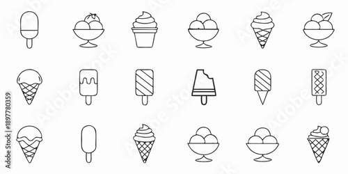 Variety of black and white ice cream and dessert line icons
