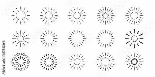 Collection of sun icons in various styles and line weights displayed neatly