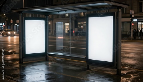 Nighttime city street with a bus stop featuring blank posters on the wall, emphasizing signage placement and urban transit infrastructure, created with generative ai