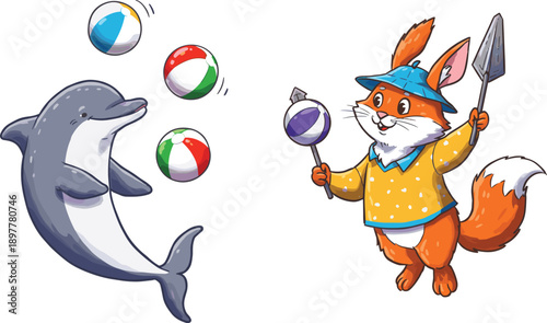 Dolphin juggling beach balls, fox in polka-dot sweater, playful animal scene, anthropomorphic characters, colorful, whimsical, fun, children illustration