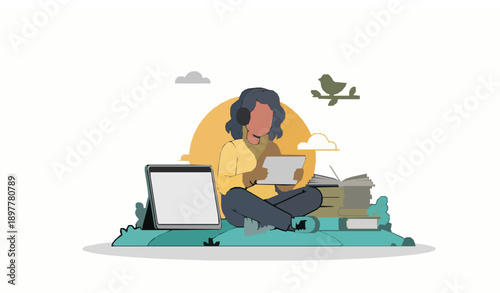 Learn anywhere vector illustration with student using tablet for online education and self-study