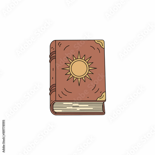 Mystical ancient tome with ornate cover design and radiant sun emblem, symbolizing wisdom, magic, and forgotten stories waiting to be discovered