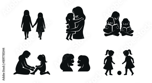Black silhouettes of mothers and daughters family bonding moments parent child relationships love and care