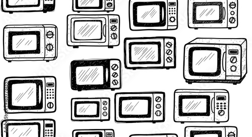 Creative Illustration of Vintage Microwaves in a Dynamic Kitchen Setting