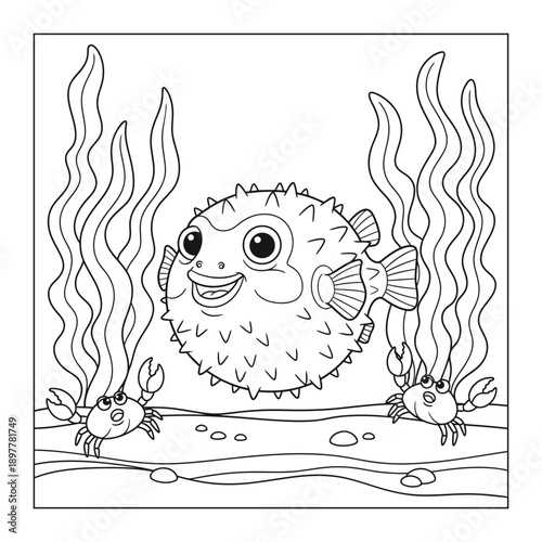 A round, spiky pufferfish floats cheerfully between two small crabs and tall, wavy sea plants.