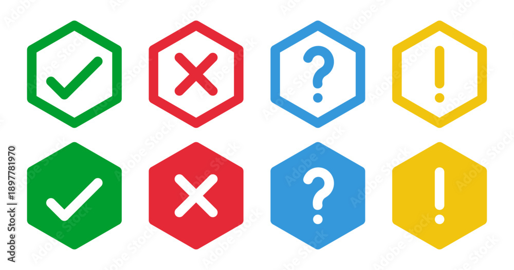 custom made wallpaper toronto digitalgreen check and red cross symbols, blue question mark and yellow exclamation point, octagonal thin line vector signs, solid octagon icons set