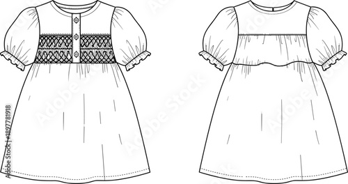 Cute baby girl dress flat sketch with smocked front detail, puff sleeves, ruffle cuffs, technical fashion illustration design template