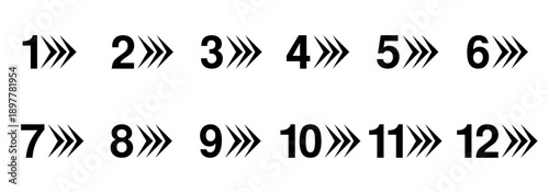 black twelve bullet points, from 1 to 12 dotted triangle arrow markers, vector infographics elements