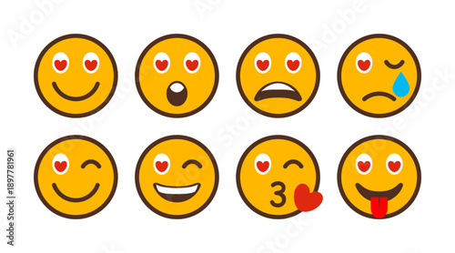 love and suffering emotion icons, different emoticons yellow round vector emoji set, mobile app or web page symbols collection