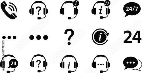 Customer support icons collection with call center headset symbols, help desk questions, information signs, 24/7 service chat bubbles, communication vector set