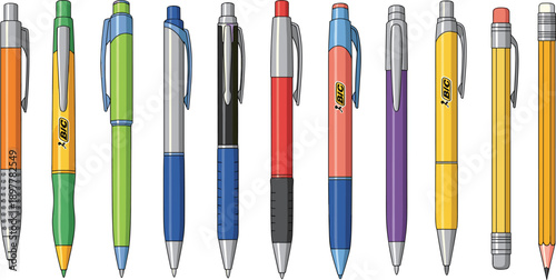 Colorful pens and pencils collection, stationery design set, writing tools for office and school, realistic vector illustration, isolated objects