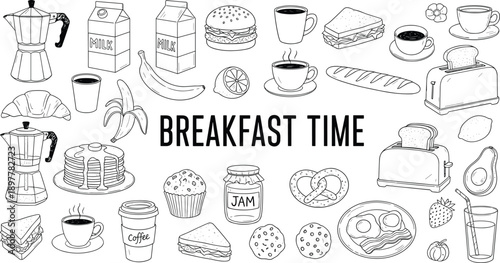Hand Drawn Black Ink Breakfast Time Set with Coffee, Croissant, Pancakes, Eggs, Toast, Milk, Fruit, and Bakery Food Vector Illustration
