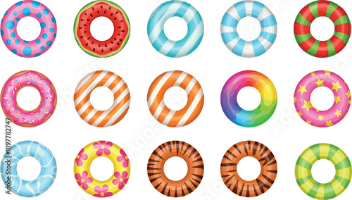 Colorful inflatable swim rings, pool floats, summer beach accessories, vibrant designs, playful patterns, water fun, vacation essentials, tropical style, kids pool toys