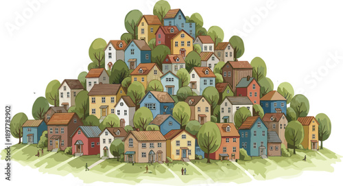 Colorful hillside village illustration with charming houses, lush green trees, scenic landscape design, peaceful small town community artwork for storytelling