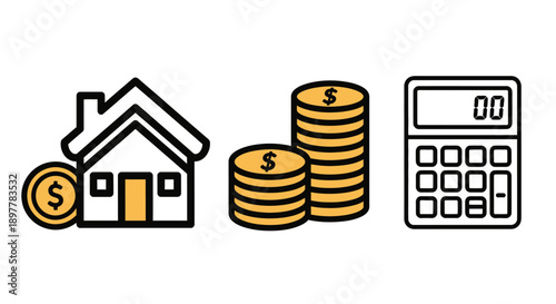 Mortgage Calculator Icon Set: House, Money Coins, and Budget Tool. Real Estate Cost and Financial Planning Illustration.