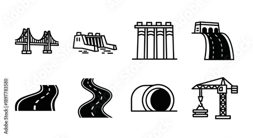 Infrastructure and Civil Engineering Line Icons Set. Collection includes Bridge, Dam, Road, Tunnel, Crane, and Industrial Structures.