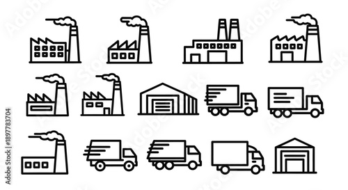 Manufacturing, Logistics, and Supply Chain Icon Set. Outline vector symbols of Factory Buildings, Warehouse Depots, and Delivery Transportation Trucks.