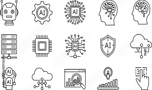 AI artificial intelligence vector line icons set. Robot, brain, CPU, cloud computing, machine learning, data server, neural network UI UX elements isolated on white