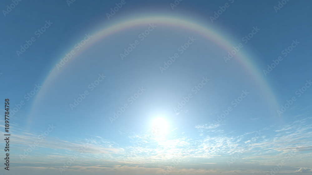 Fototapeta premium A complete circular rainbow arches across the sky, with the sun at the center