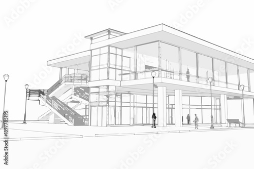 Architectural sketch of a modern two story building with glass facade and outdoor access