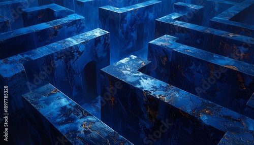 Aerial view of a futuristic blue metallic maze with abstract structures and geometric patterns