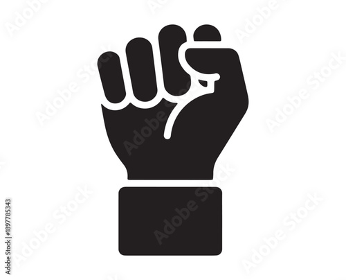 A powerful black and white icon of a clenched fist raised. A minimalist glyph icon depicting a clenched fist.