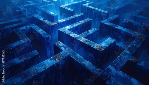 Aerial view of a person navigating through a complex blue maze with stone walls and a mysterious atmosphere