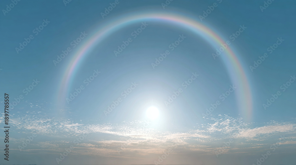 Fototapeta premium A vibrant rainbow arching over a sunny sky, creating a breathtaking display of color. The sun shines brightly