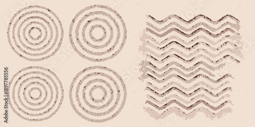 Abstract patterns featuring circles and wave like lines in brown tones