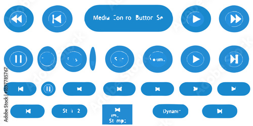 Collection of blue media player control buttons on a dark background