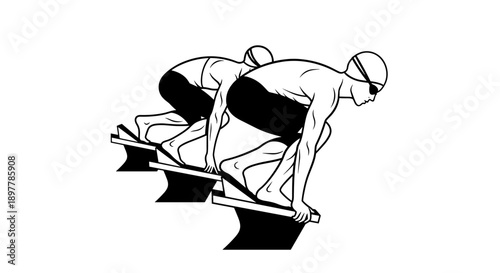 Two swimmers in black swimsuits and caps poised on starting blocks ready for race competition dynamic action pose high contrast graphic illustration